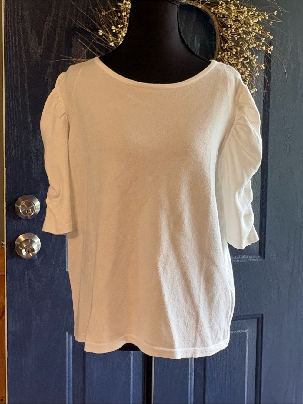 Women's Eggshell Color Puff-Sleeve So Soft Knit Top - Classic Neutral size L NWT